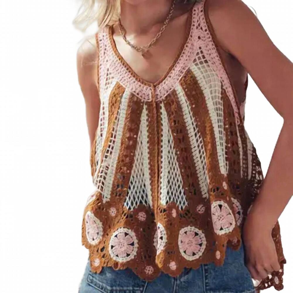 NEW URBAN DAIZY boho open-knit crochet tank top in brown pink